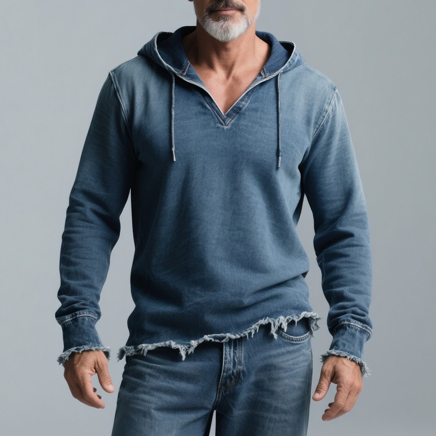 Men's Casual Long Sleeve Raw Hem Drawstring Denim Hoodie