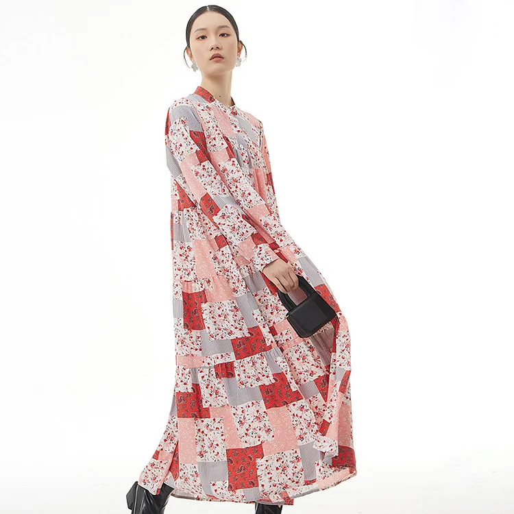 Vintage Loose Half Stand Collar Multi Colorblock Floral Printed Long Sleeve Dress