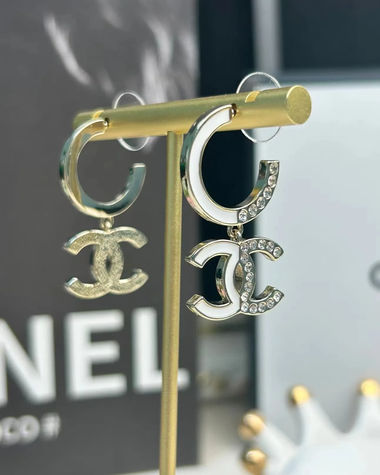 Chanel Half Enamel Half Diamond Double C Earrings