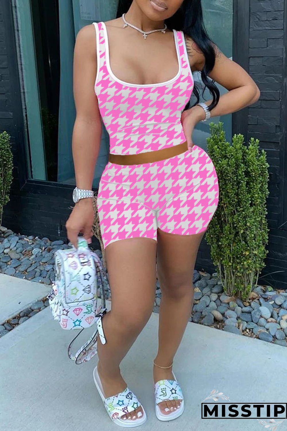 Pink Fashion Casual Print Basic U Neck Sleeveless Two Pieces