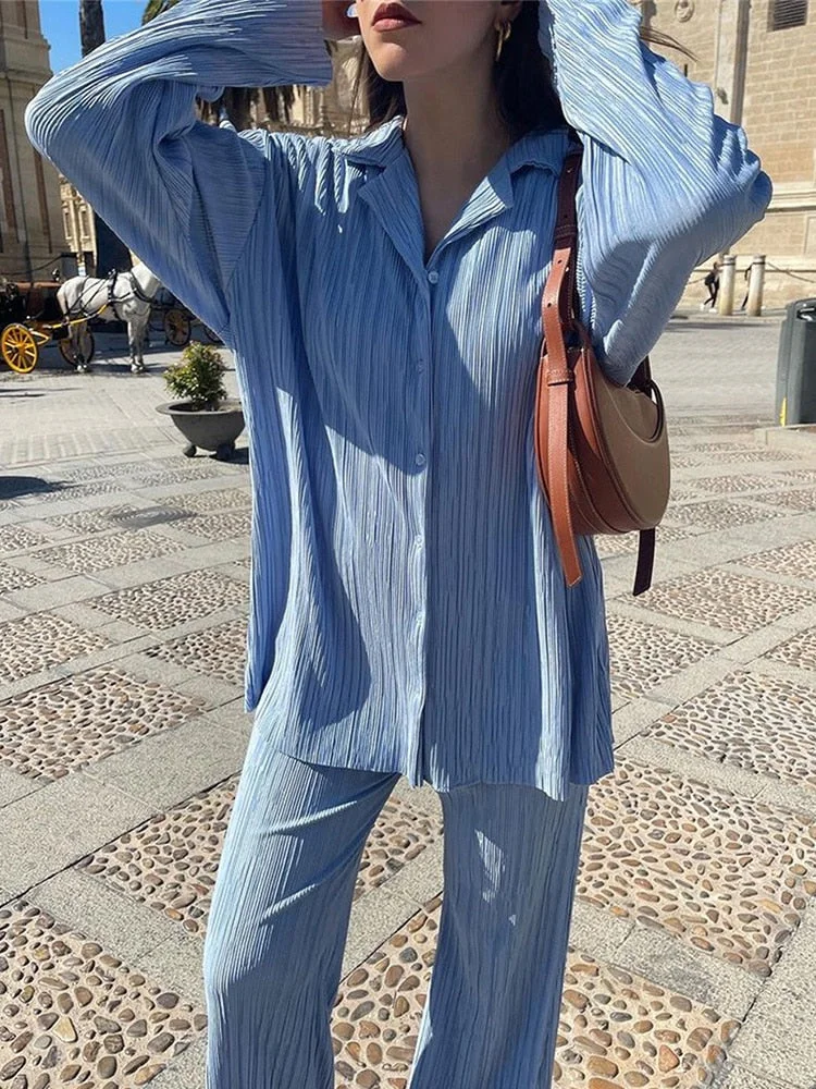 Spring Women&#39;s Shirt Pleated Two Piece Set Loose High Waist Wide Leg Pants Suit 2022 Casual Elegant Office Ladies Female Outfit