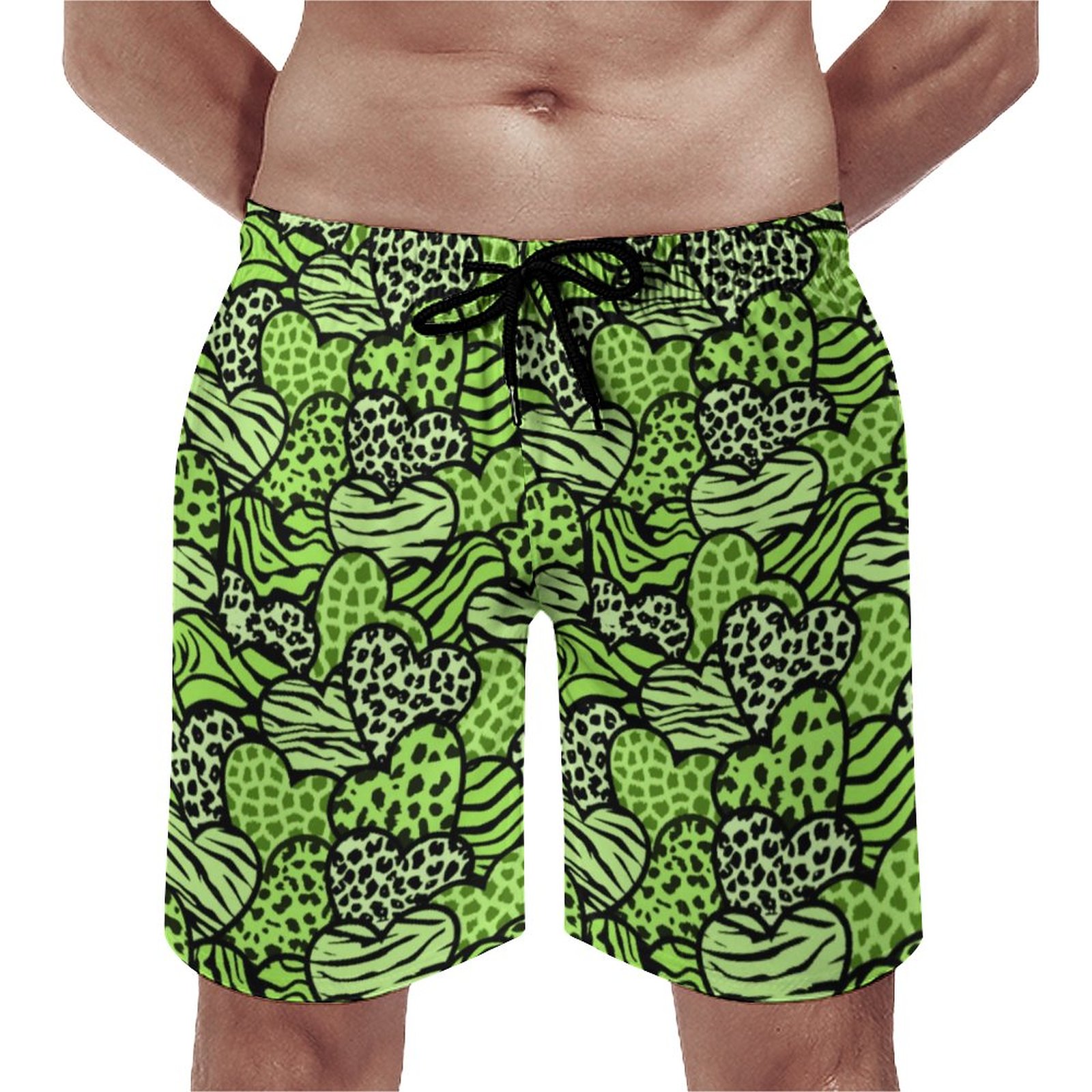 Green And Black Girly Animal Print Hearts Wallet Elegant Men's Swim Trunks Summer Board Shorts Quick Dry Beach Short with Pockets