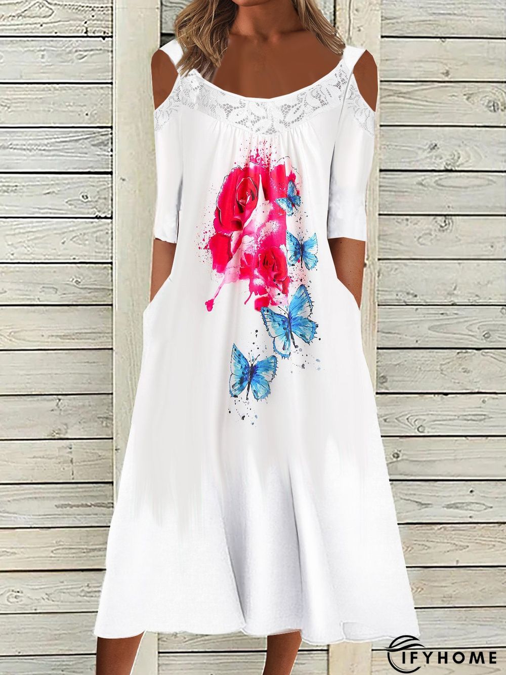 Red Floral Jersey Casual Lace Dress | IFYHOME