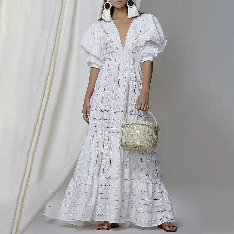 Fashion V-neck Puff Sleeve Lace Dress