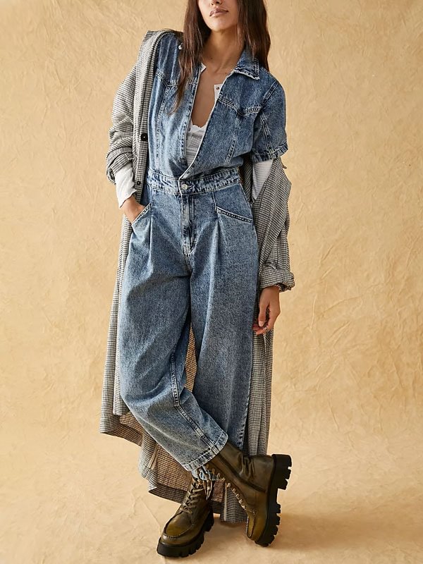 Vintage Over-the-Shoulder Seam Deep V Women's Denim Jumpsuit