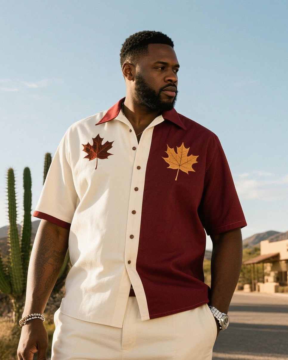 Men's Plus Size Western Denim Color Matching Maple Leaf Print Short Sleeve Shirt