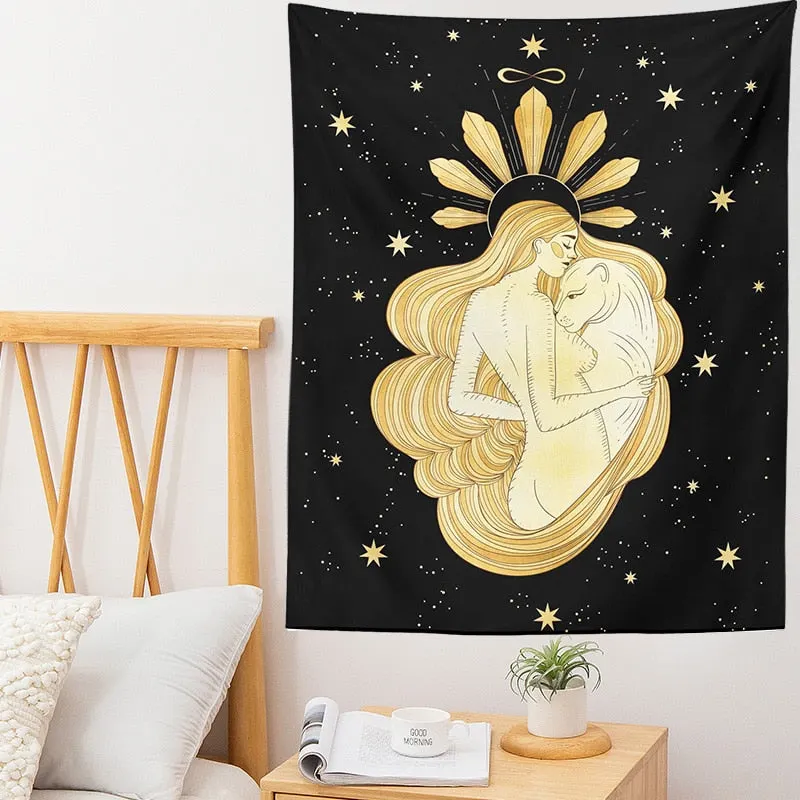 Sun and Moon Tapestry Moon girl Tarot Card Witchcraft Wall Hanging black Art Print Mural Background Tapestries for Bedroom Dorm