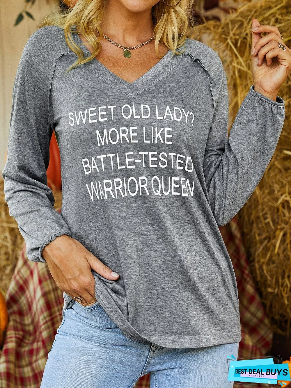 Letter Long Sleeve V-neck Casual Tunic T-Shirt