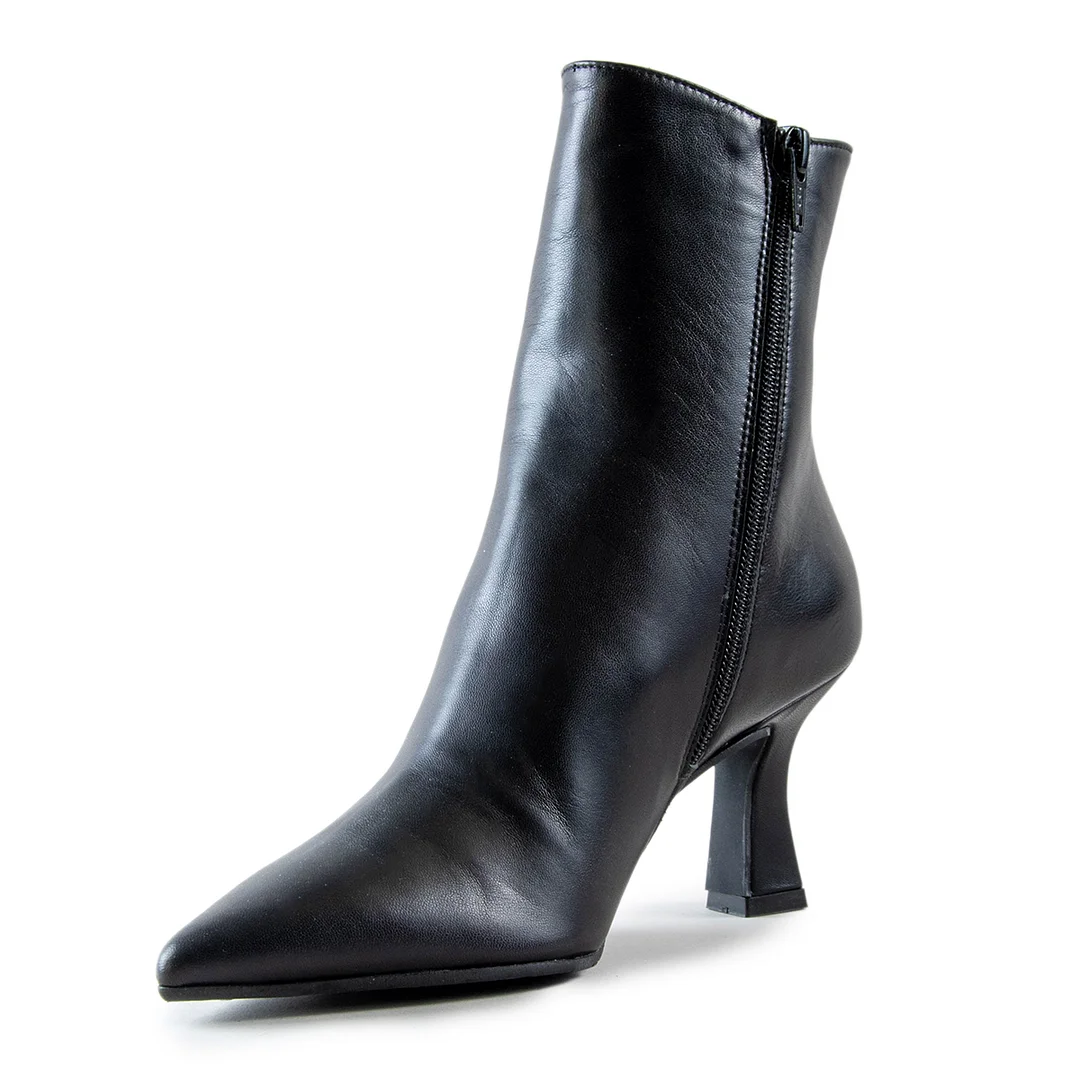 Black Vegan Leather Pointed Toe Side-Zip Ankle Boots with Flared Heel