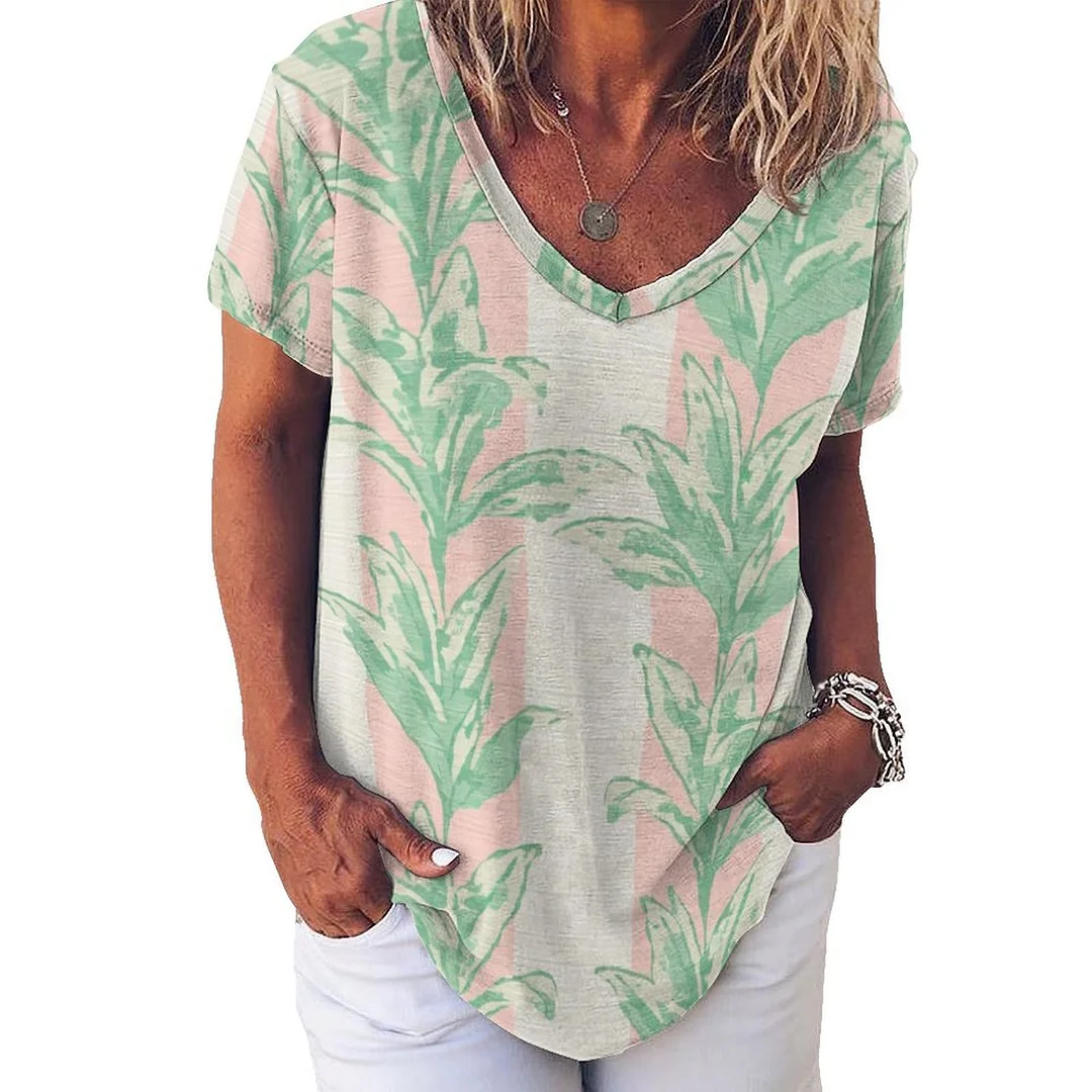 V-neck Short Sleeve Casual T-shirt for  Women Printed with Pattern Striped, Floral, Pink, Green