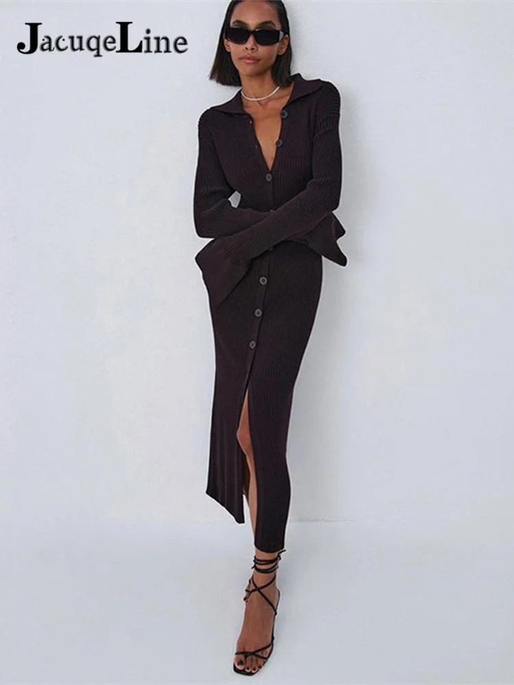 JacuqeLine Winter 2021 Green Evening Party Christmas Dresses For Women Clothing Knitted Sweater Split Sexy Bodycon Maxi Dress