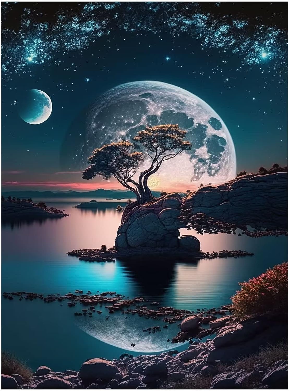 Living Room Art, Ocean Wall Art, Moon and Lake Frameless Canvas Wall Art, Artwork, Wall Art For Kitchen, Beach Painting, Prints Wall Art, Living Room Artwork For Wall 8 inch  W x 12 inch  H Moon and Lake