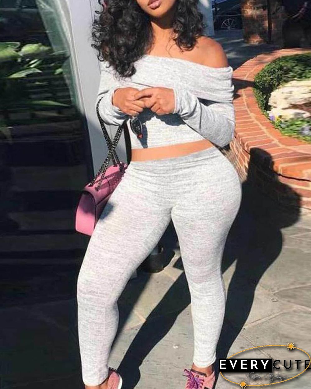 Off Shoulder Long Sleeve Crop Top & Skinny Pants Set P13624