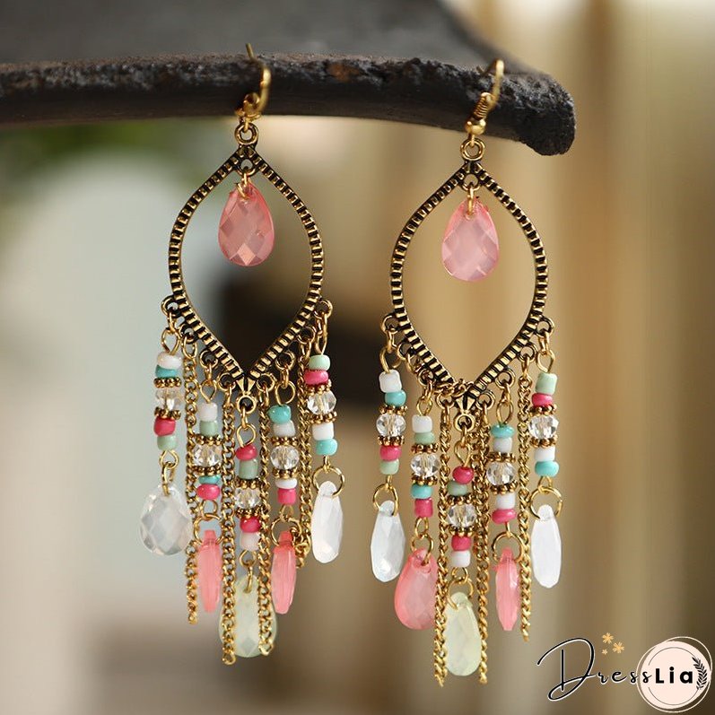 Antique gold-plated long fringed earrings for women vintage waterdrop bohemian chain earrings