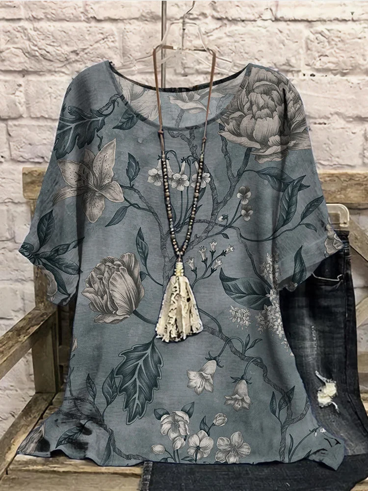 Women Half Sleeve Scoop Neck Floral Printed Colorblock Gray Women Tops