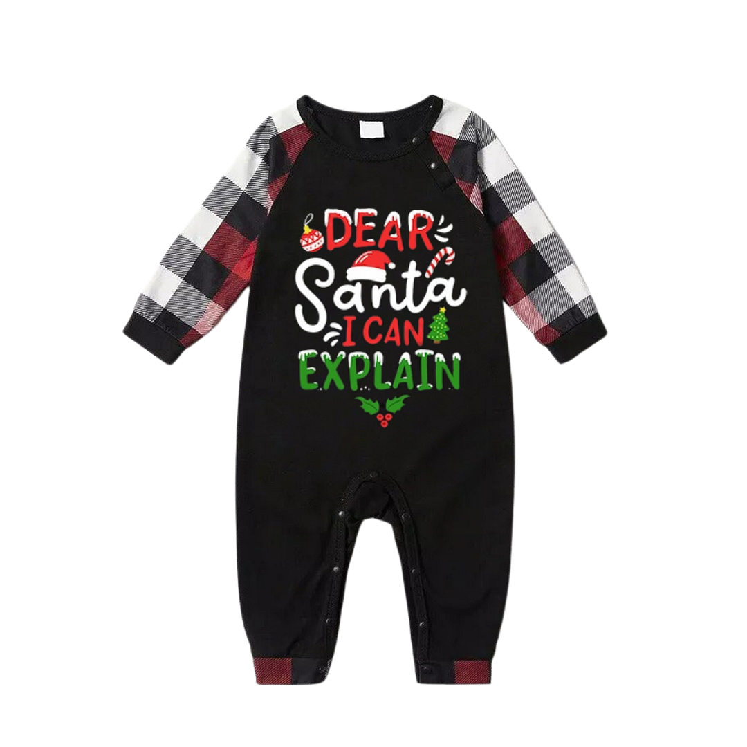 "Dear Santa I can Explain" Slogan Printed Red&Black&White Plaid  Matching Pajamas