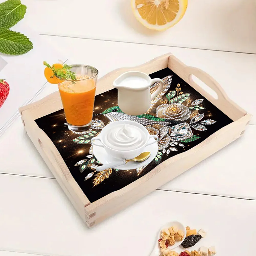 5D DIY Flower Hummingbird Diamond Painting Wooden Serving Tray with Handle for Desk