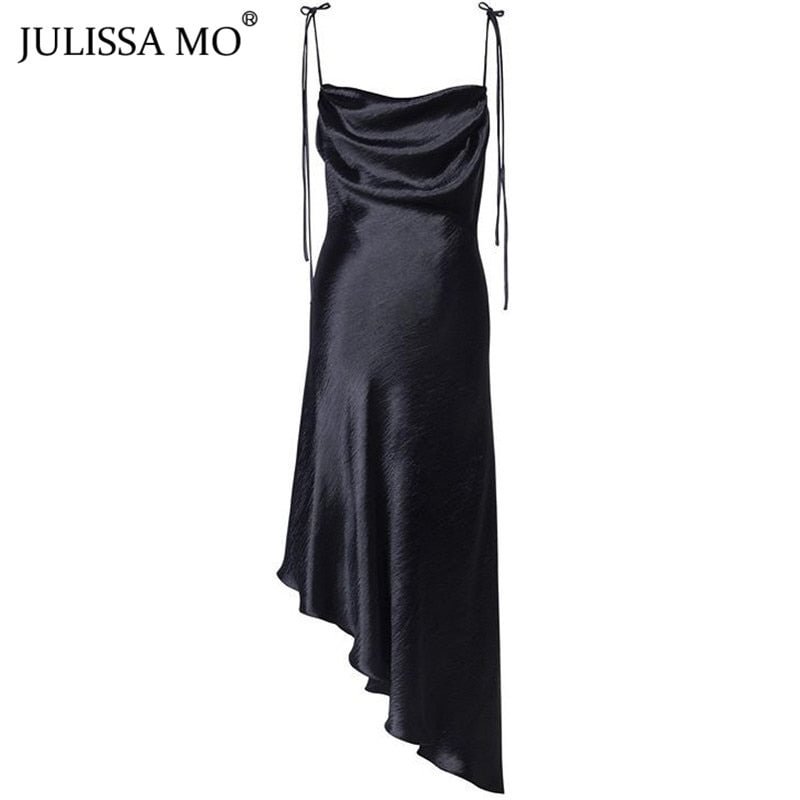 Julissa mo Metallic Satin Straps Long Dress Summer Backless Women Asymmetrical Dress Female Elegant Christmas Party Vestidos