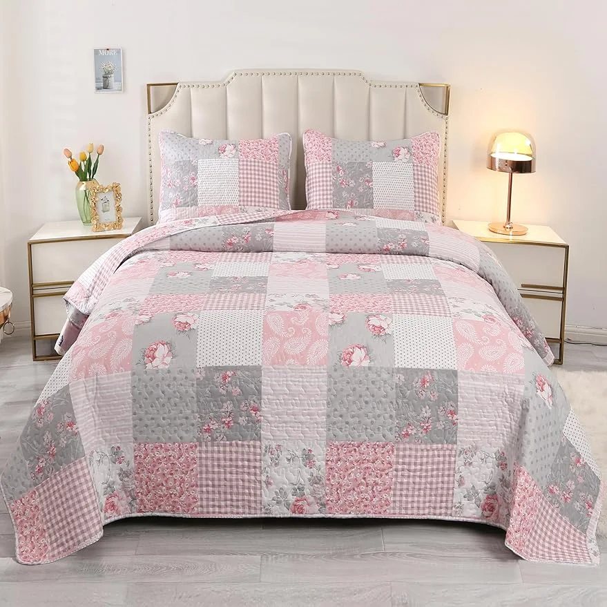Qucover Grey Pink Quilt Set King Size 3 Piece Patchwork Floral Bedding Set Quilted Bedspread Coverlet Set Reversible Lightweight Microfiber Bed Cover Comforter Set for All Seasons