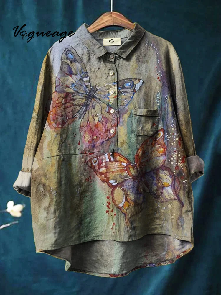 Elegant Beautiful Casual Fashion Butterfly Print Cotton And Linen Shirt