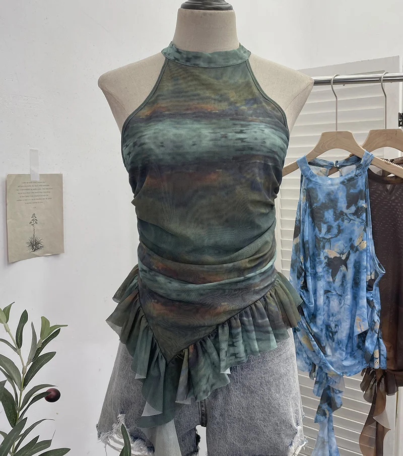 Uveng Trend Irregular Hanging Neck Dyeing Net Yarn Vest Lotus Side Ribbon Short Sleeveless Top 9969