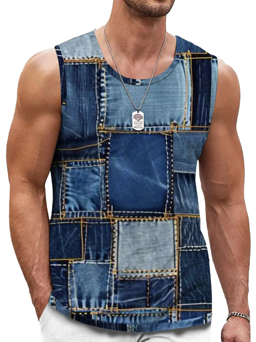 Men's Denim Patchwork Printed Casual Round Neck Tank Top