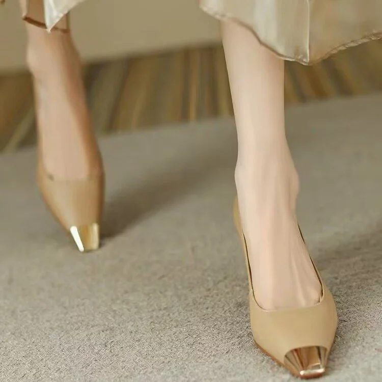 Churchf Churchf Shoes Korean Version Thick With Niche Design Metal Head Square Head Temperament Socialite Shallow High-Heeled Shoes Four Seasons Shoes