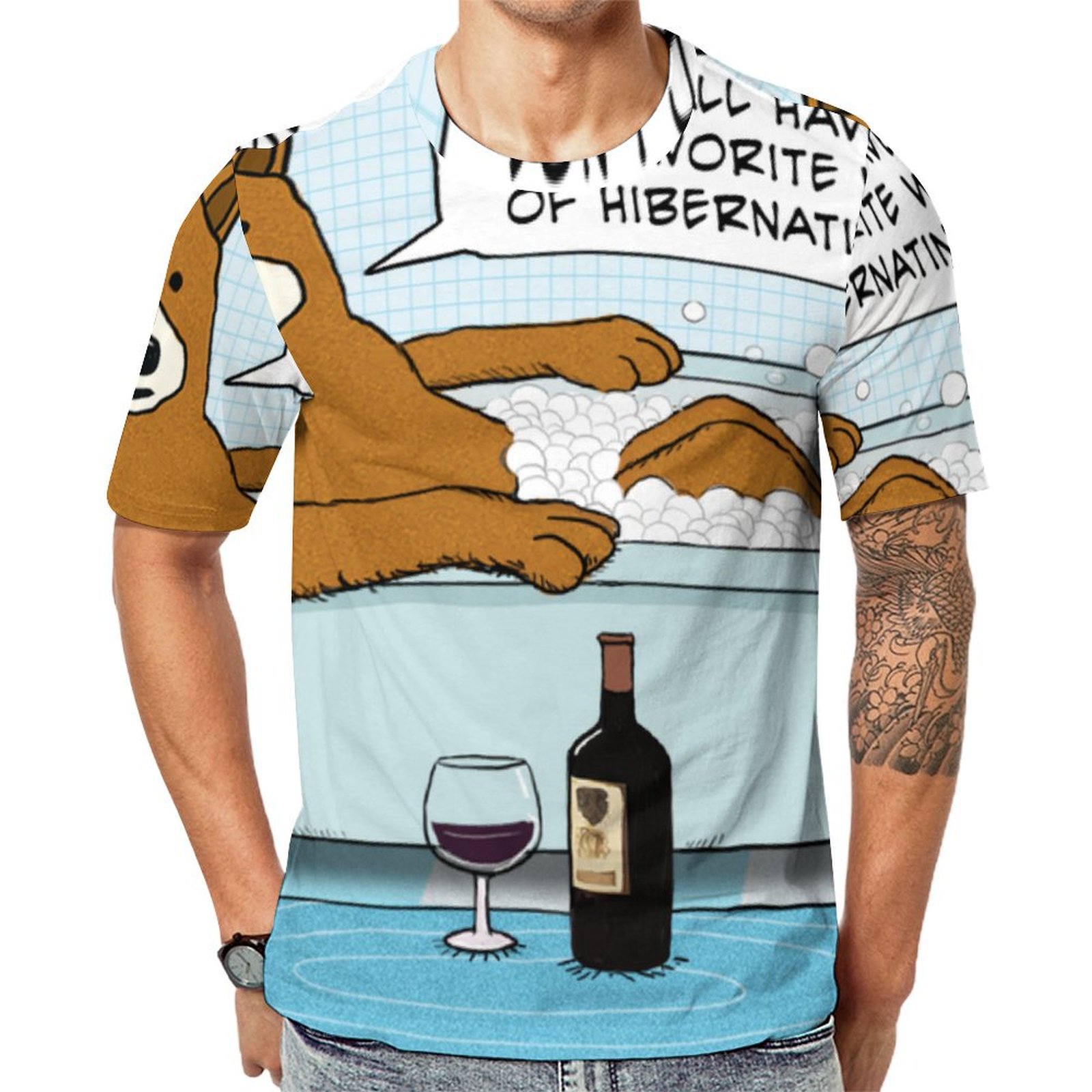 Funny Bear Drinking Wine Relaxing In Tub Short Sleeve Print Unisex Tshirt Summer Casual Tees for Men and Women Coolcoshirts