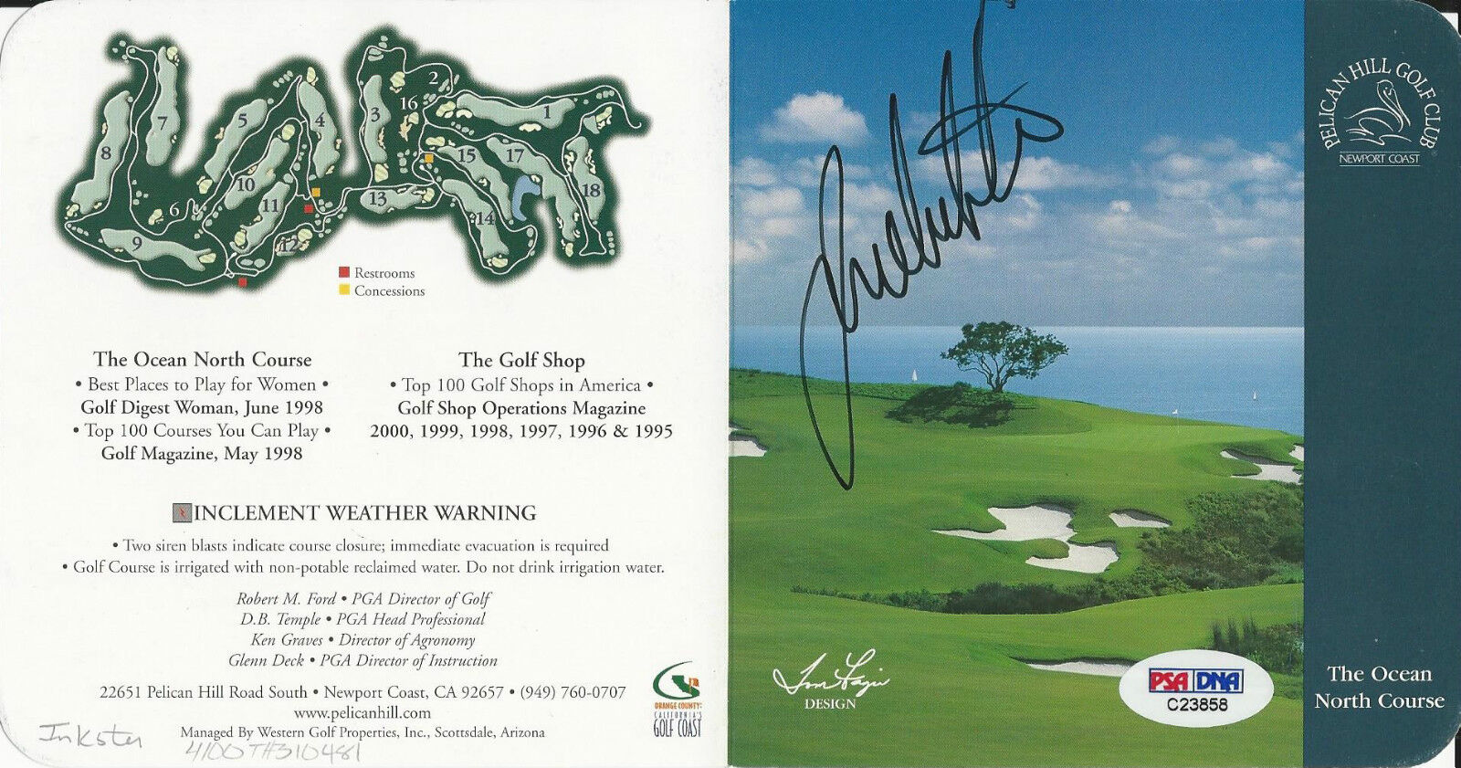 Joe Inkster Signed Pelican Hill Golf Club Score Card PSA/DNA # C23858