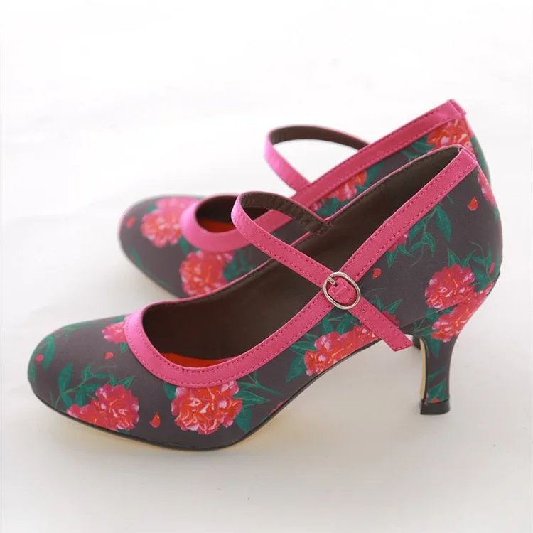 Pink Camellias Mary Jane Pumps Vintage Style Floral Heels |FSJ Shoes