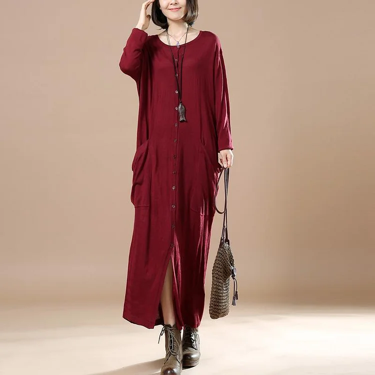 Burugndy cute long maxi dresses knitted sweates long sleeved