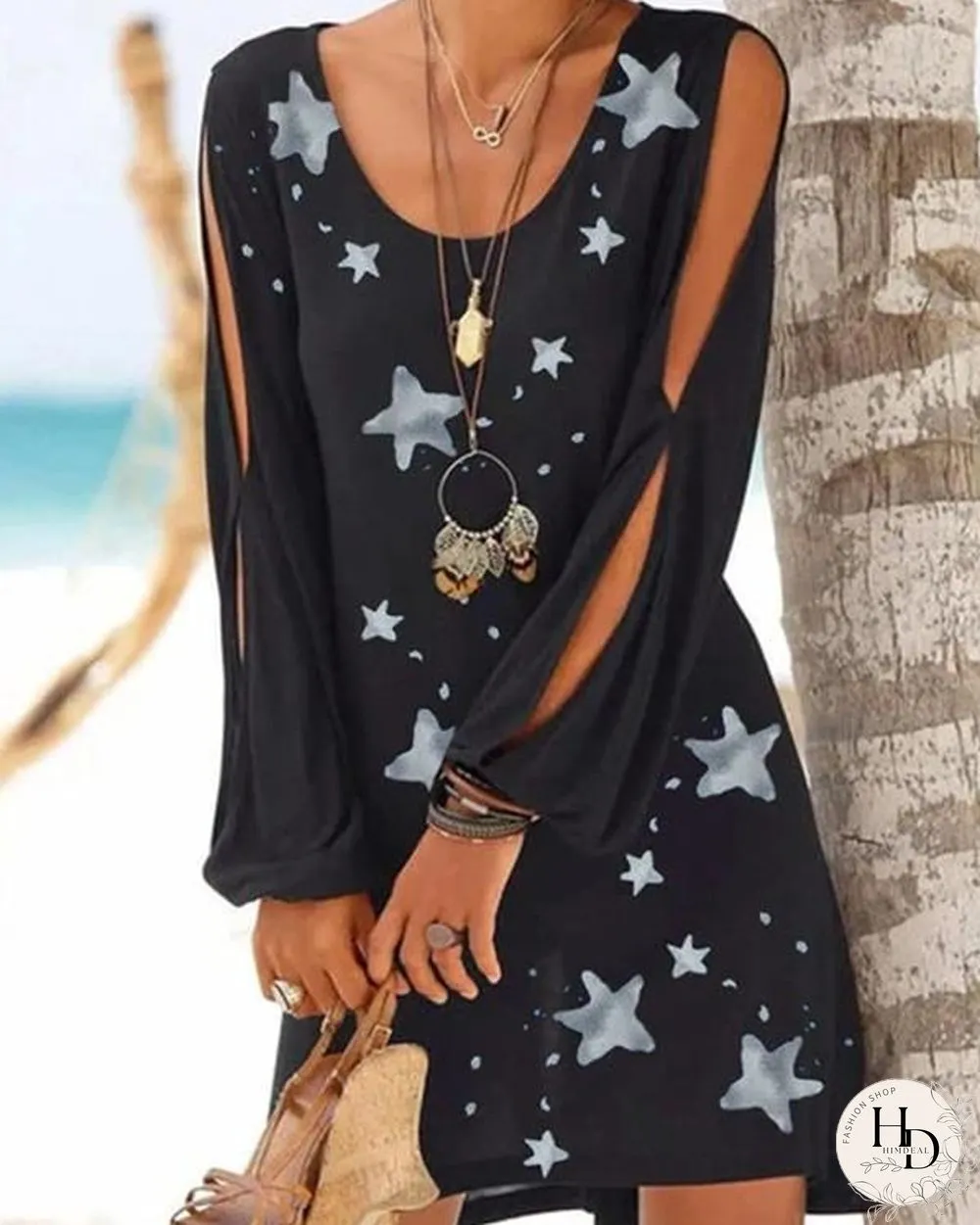 Black Cotton Printed Star Casual Cutout Patchwork Dresses