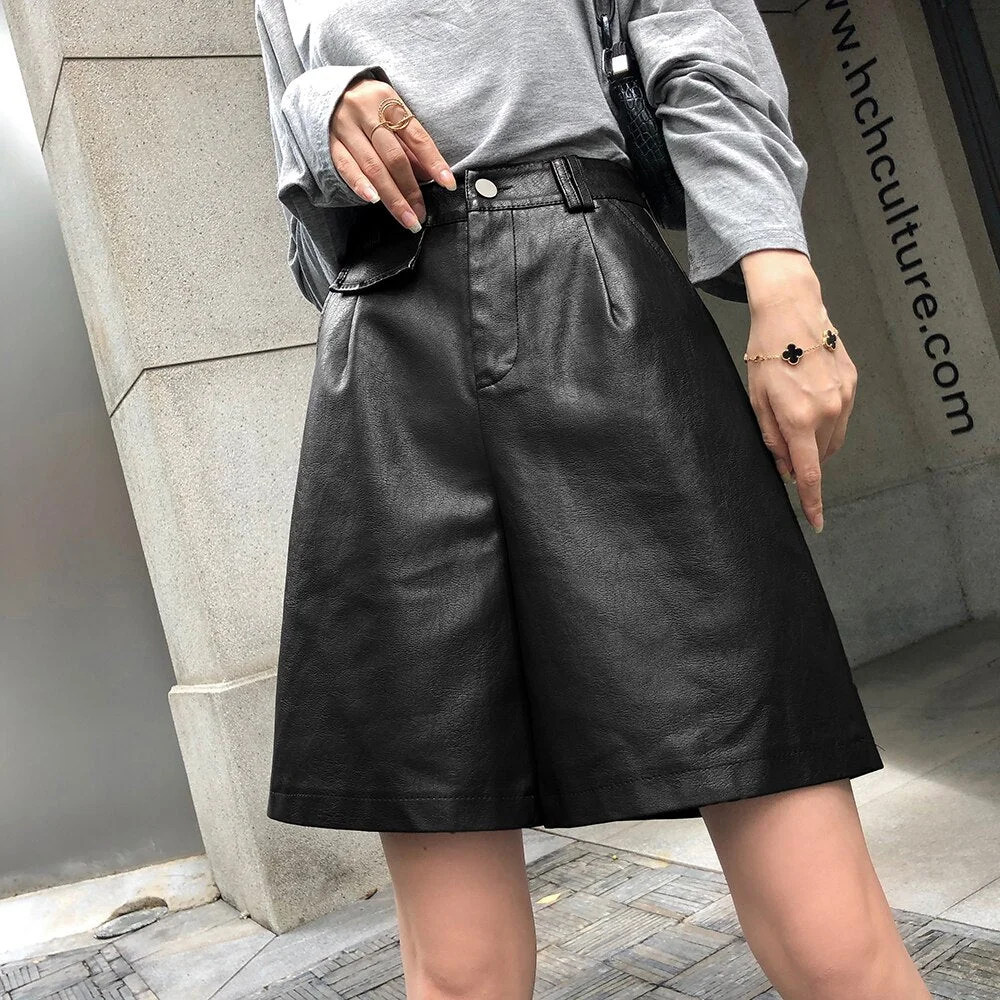 QOERLIN PU Bermuda Shorts for Women Faux Leather Shorts Stylish High Waist Shorts Streetwear Pockets Trouser Female