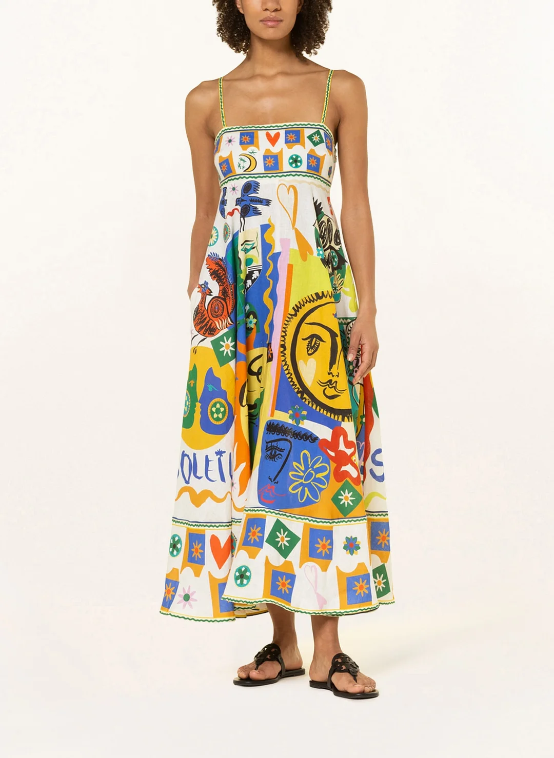 Joyful Glow Goddess Linen Blend Unique Print Pocketed Smocked Back Midi Dress