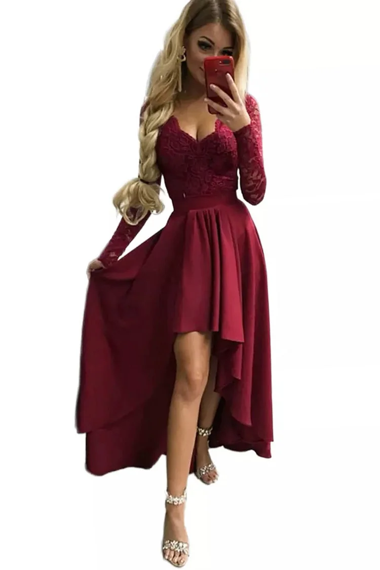 BestDealFriday Red V Neck Lace Backless High And Low Hem Evening Dress P1482696