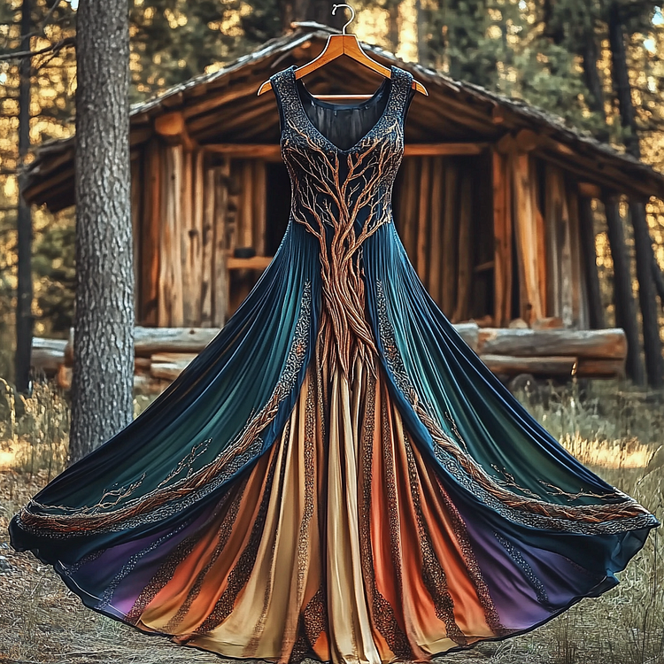 VChics Women's Vintage Viking Color Tree Of Life Art Print Dress