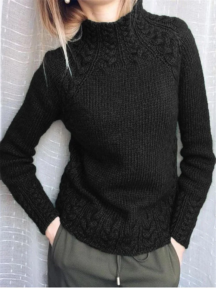 Women's Sweaters Solid Turtleneck Linen Pattern Gray Knit Sweater