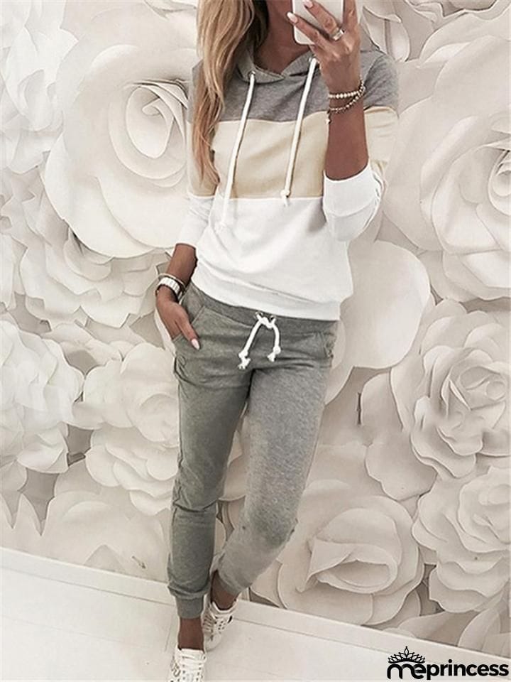 Contrasting Tracksuit Sets Drawstring Hooded Sweatshirt + Pocket Sweatpants