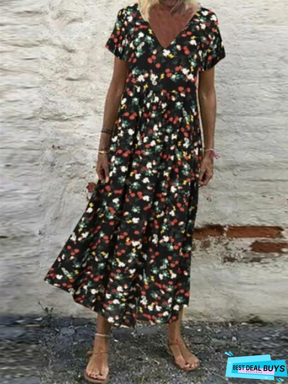 New V-neck Short Sleeve Long Skirt Retro Print Loose Dress Women's Dress