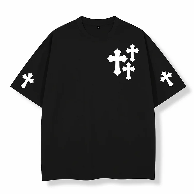 CAMEL COUPONS Men's Casual Trendy Cross Print T-shirt, Short Sleeve Crew Neck Loose Tees For Summer Holiday