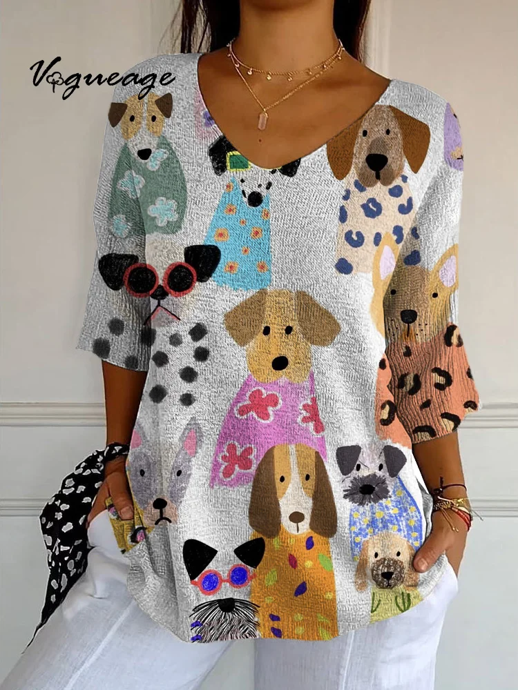 Fashionable Colorful Cartoon Puppy Printed Knitted Sweater