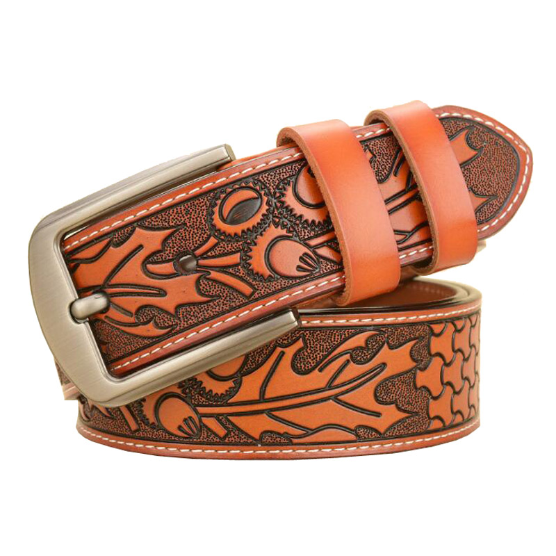 Western Leaves Embossed Leather Men Belt Fashion Jeans Pants Black Cofee Men Belt
