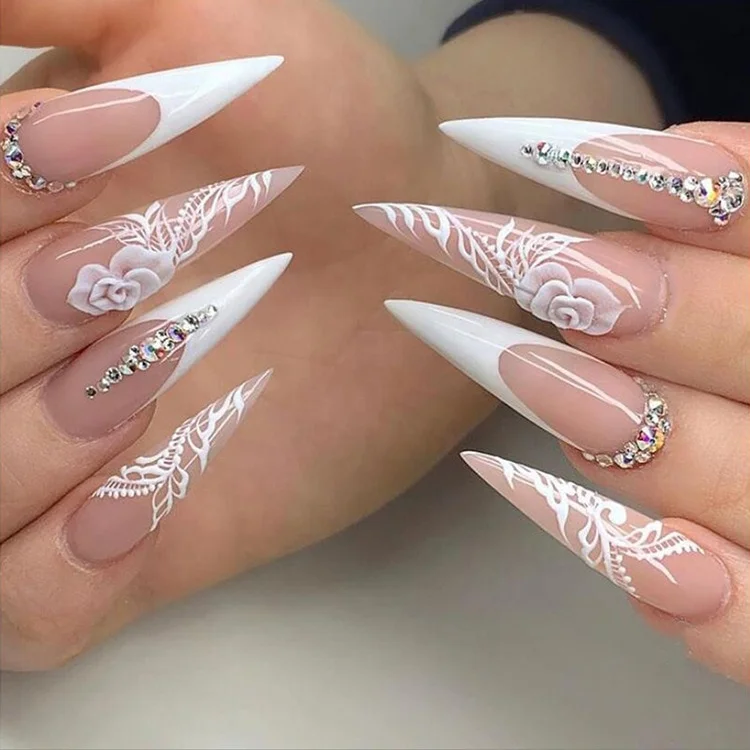 Churchf White Rose Flower Nails Pointed Wearable Long Stiletto False French Fake Nails Press On Nails Leopard Print Manicure Tips