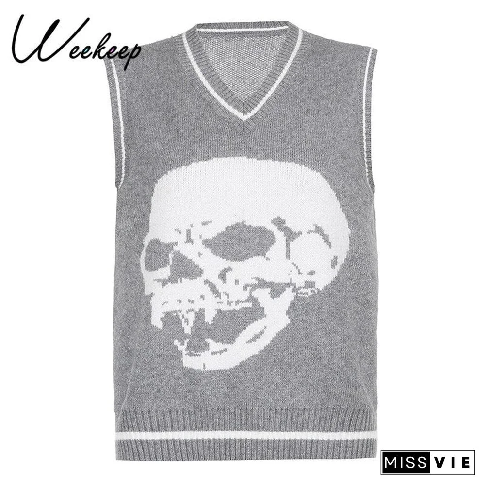 Weekeep New Sweater Vest Chic Print Pullover V Neck Knitwear Loose Casual Knitted Tank Top Women'S Streetwear Tops Blue New