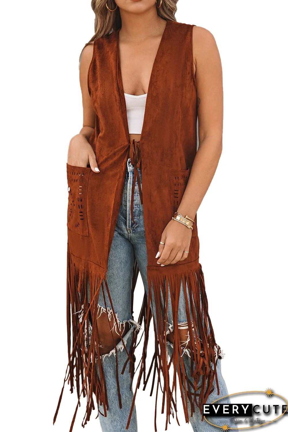 Brown Faux Suede Cowgirl Fringed Sleeveless Long Cardigan