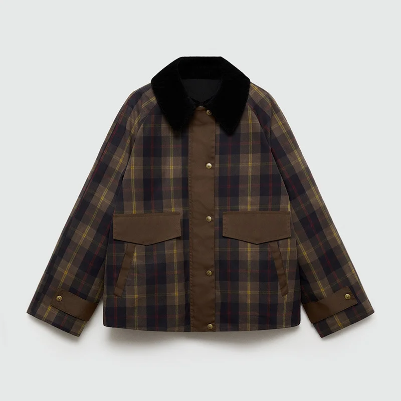 Woherb 2024 Spring And Autumn Fashion Personality Street Retro Plaid Fur Collar Zipper Decorative Button Coat Female-Outfit Ideas
