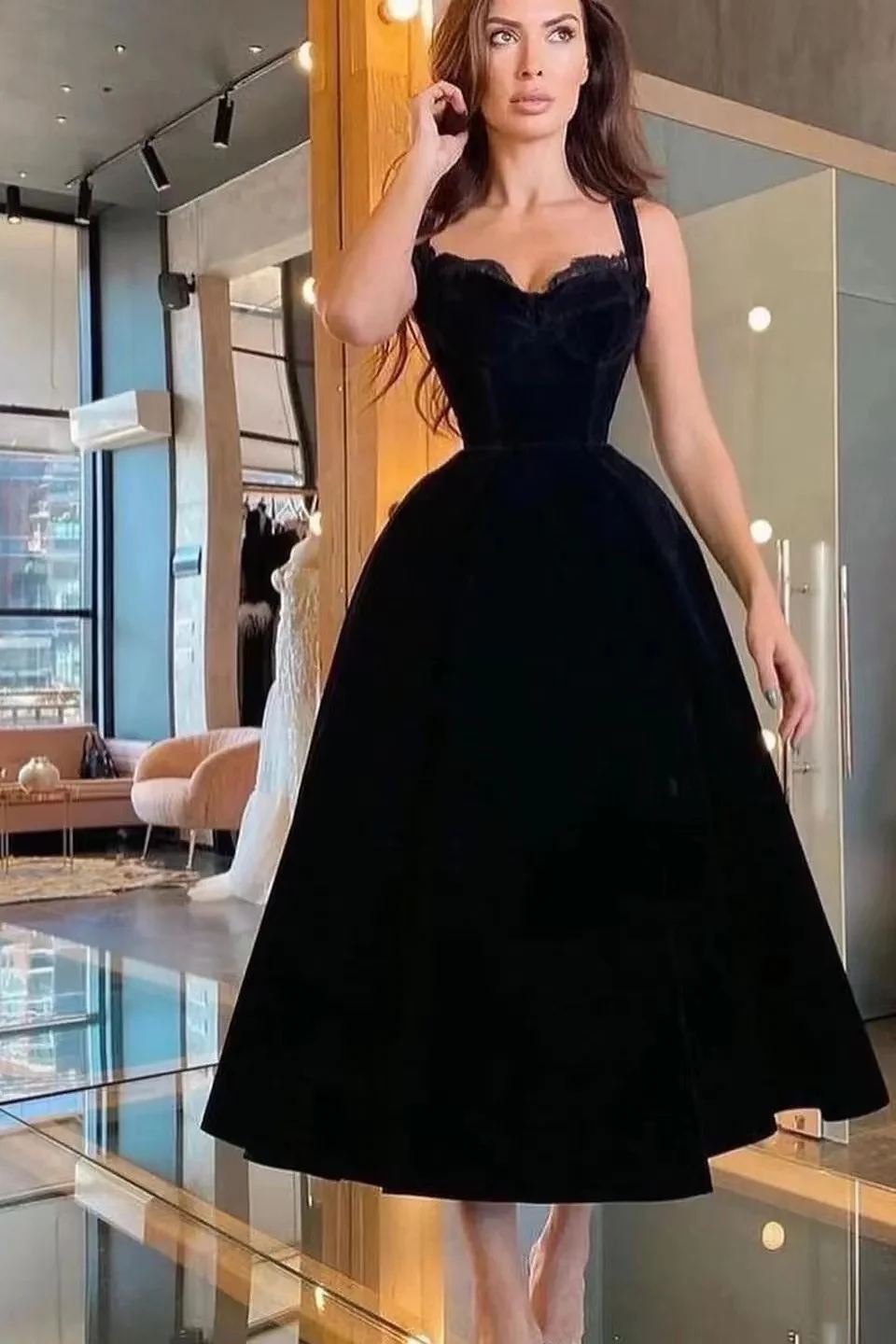 Daisda Black Spaghetti-Strap Sweetheart Prom Dress With Lace
