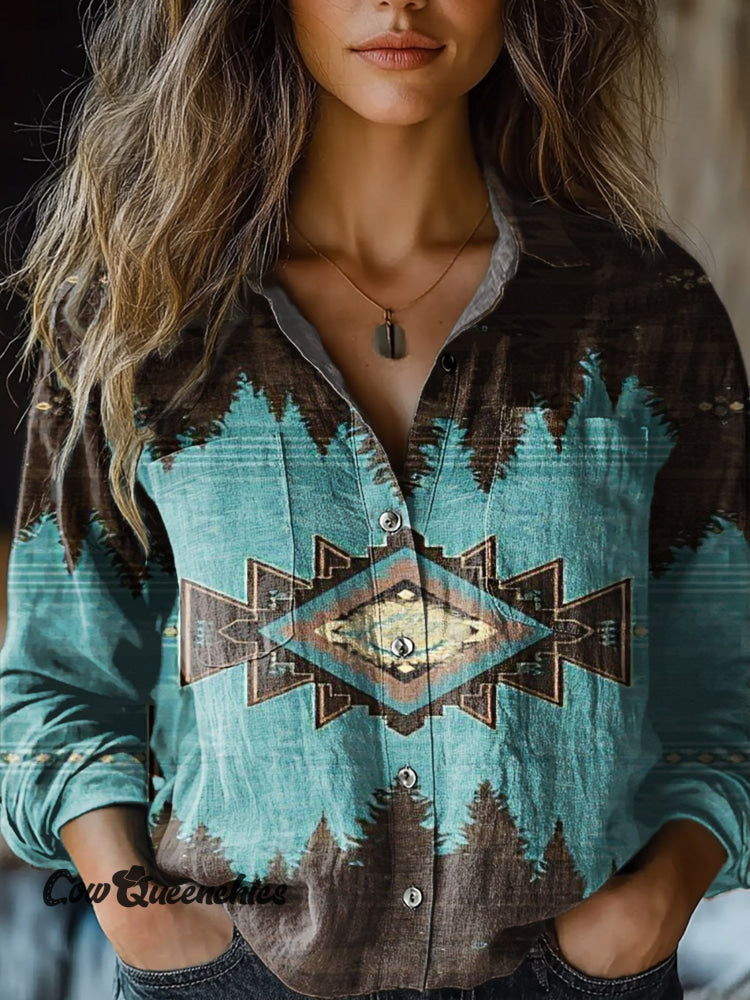 Women’s Vintage Aztec Print Casual Long Sleeve Comfortable Cotton Shirt Multicolor / S