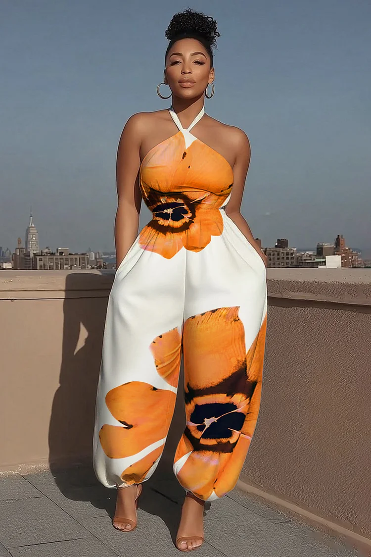 Floral Print Halter Cinched Vacay Tapered Leg Jumpsuit-White [Pre Order]