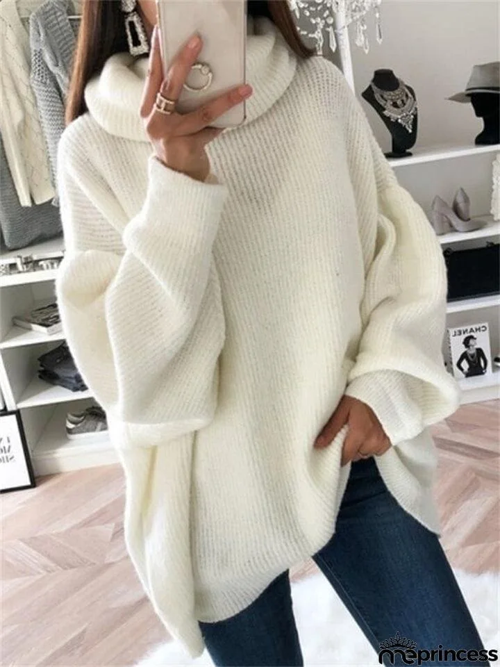 Winter Turtleneck Pullover Loose Batwing Sleeve Lady Knitted Sweaters